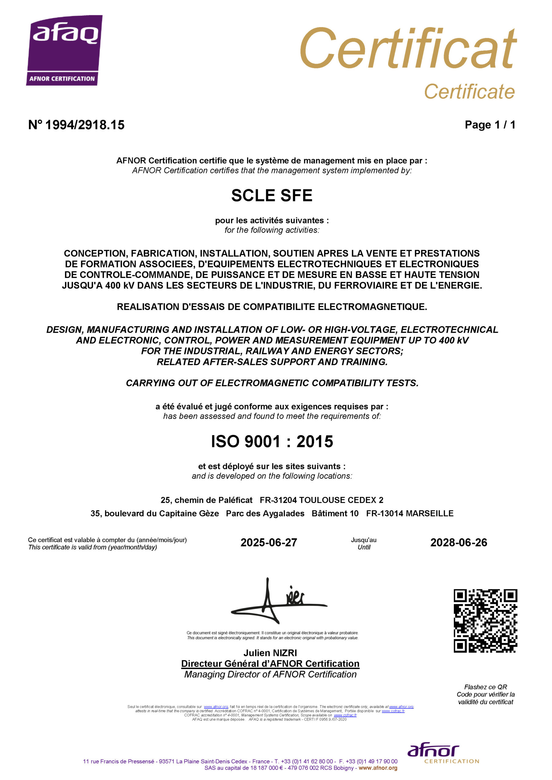 certificat norme ISO 9001